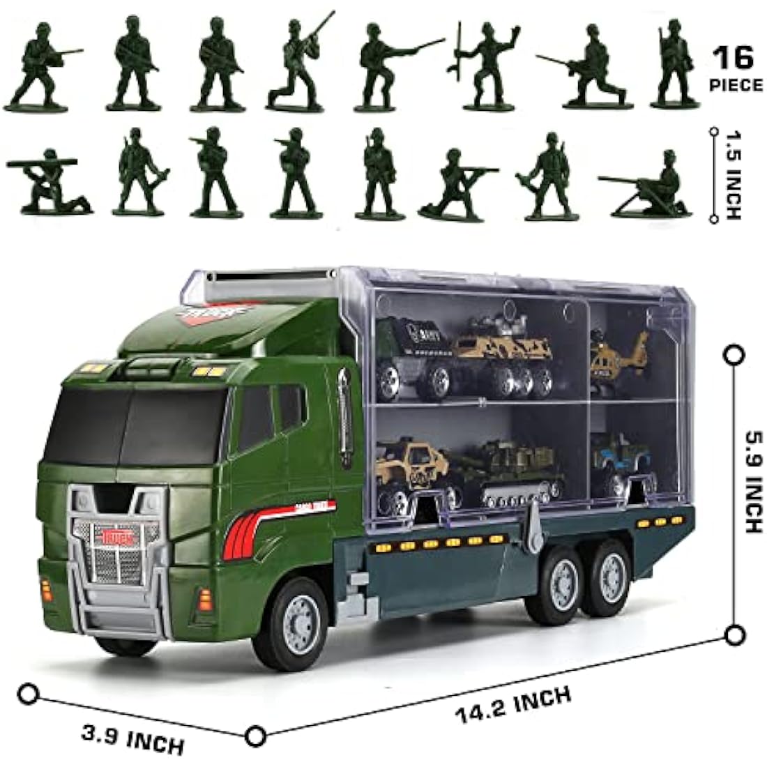 Military Carrier Truck (26 in 1) with Soldier Men playset, Mini Die-cast Battle Car in Transport Truck, Army Toy Double Side Vehicle for Kid Children Girl Boy Play Birthday Party Gift