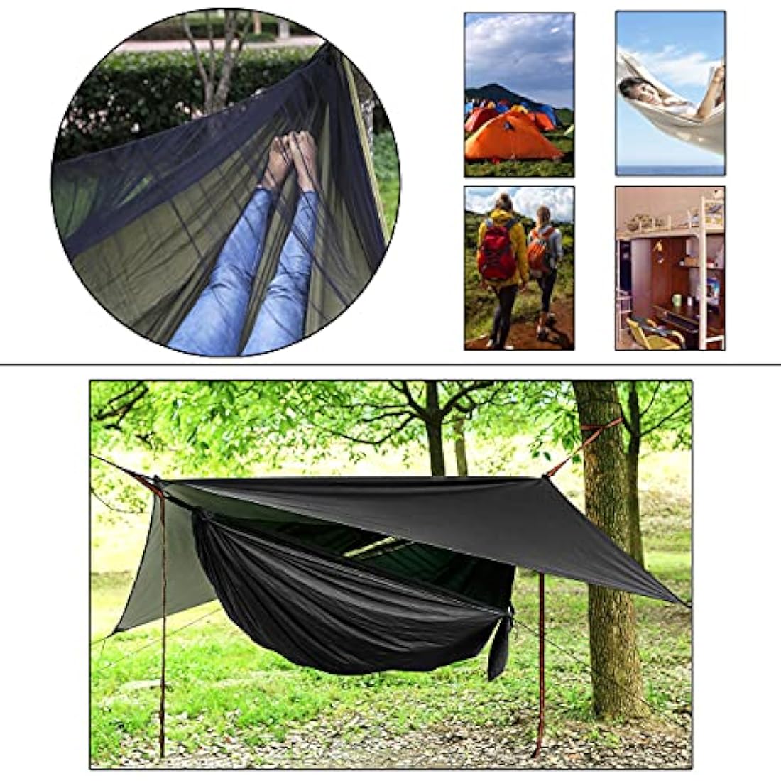 Camping Hammock Set, Single Double Hammock, Mosquito Net, Insect Net, Rainfly, High Strength Parachute Cloth Hammock. Suitable for outdoor, hiking, camping, travel