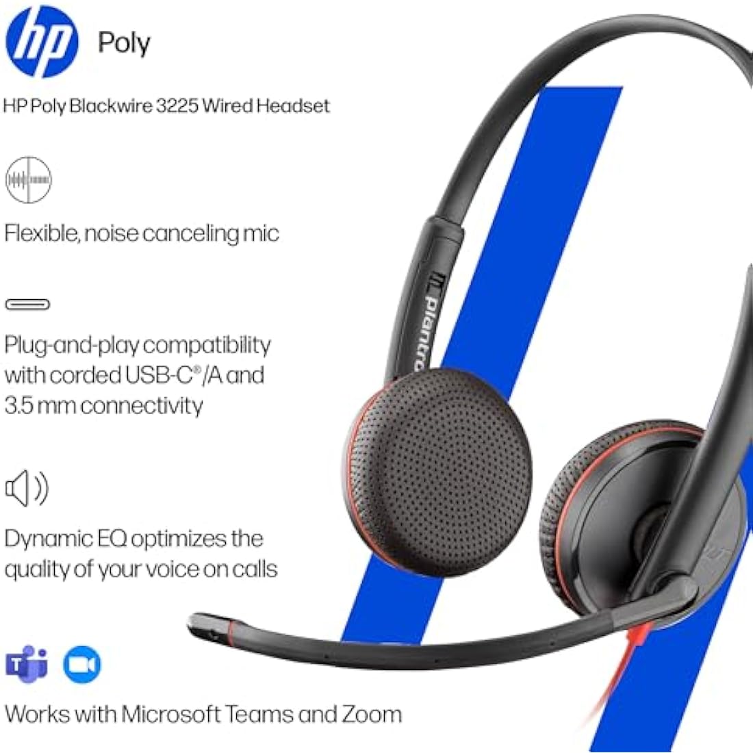 Poly Blackwire 3225 Wired Headset - Noise-Canceling Mic – Stereo Design - Connect to PC/Mac/Mobile via USB-C, USB-A, or 3.5mm - Works w/Teams, Zoom