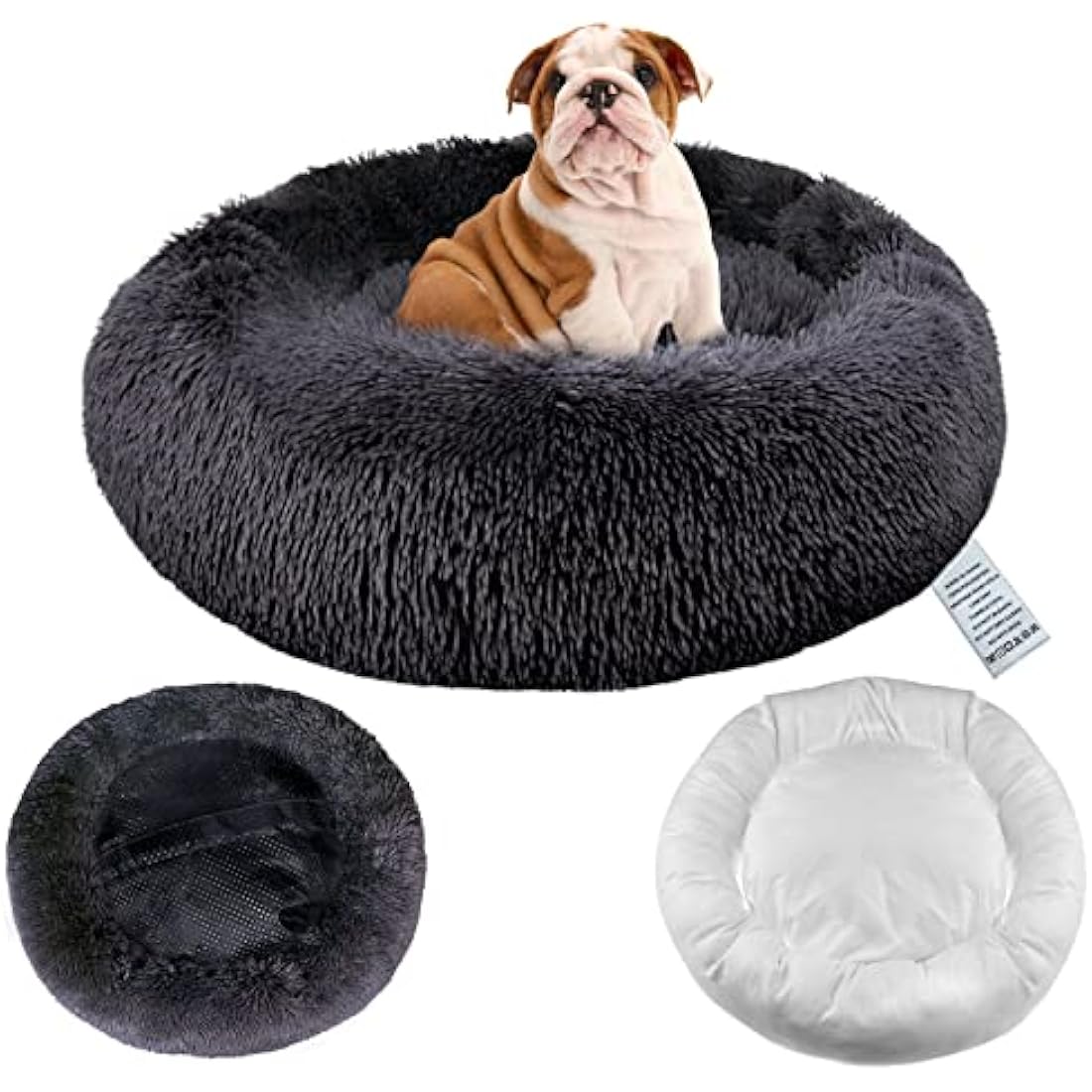 Moistu Calming Dog Bed with Removable Cover: Washable Donut Anti Anxiety Dog Beds - Soft Round Cuddler Cat Bed - Fluffy Plush Comfy Warm Puppy Pet Bed with Zip (Ø 80cm Outerdiameter (XL), Dark Grey)