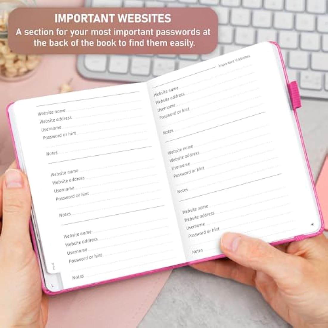 GoGirl Password Book with Alphabetical tabs – Internet Address & Password Keeper Logbook for Password Organization, Journal Notebook for Saving Website Logins. Small Size 11 x 14.5cm - Hot Pink