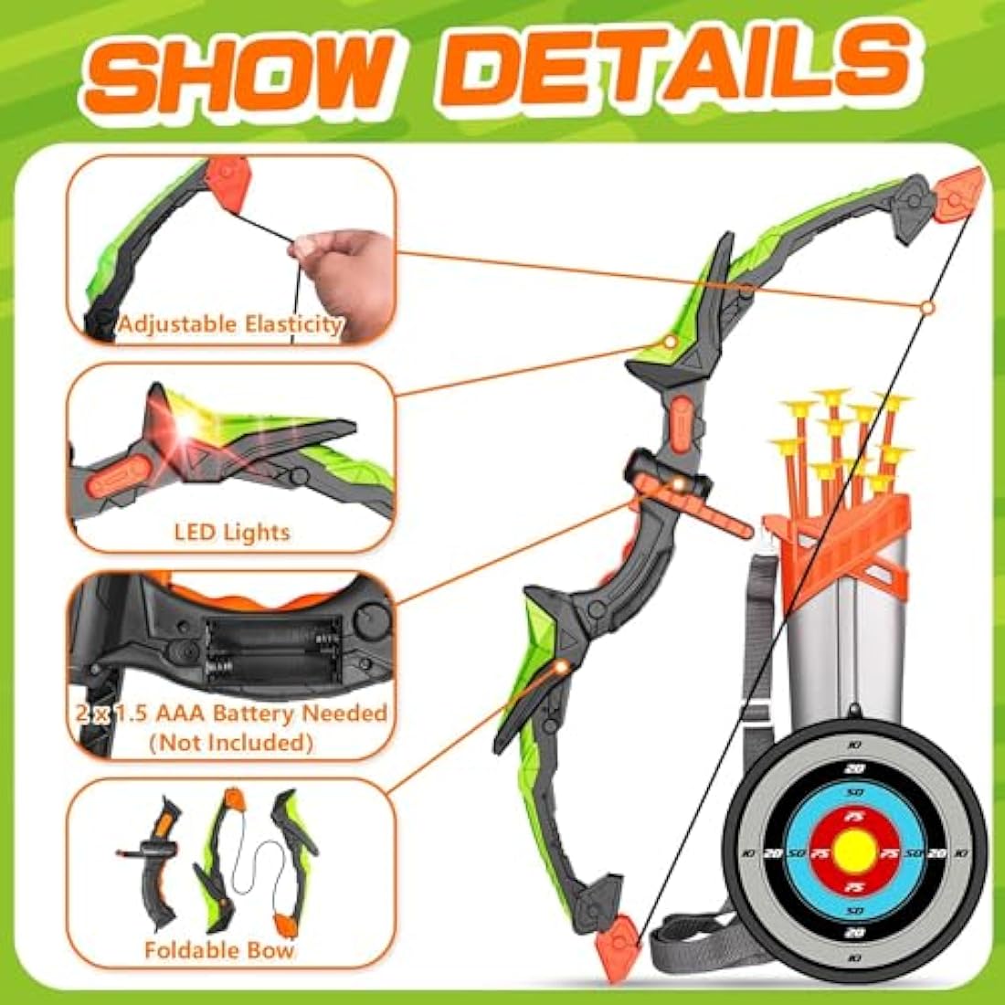 Hollyhi Bow Arrow Set for Kids, LED Light Up Archery Set Toys with 10 Arrows, Indoor Outdoor Shooting Games Hand-eye coordination Birthday Gifts for 5 6 7 8 9 10 11 12 13 14 Year Old Boys Girls