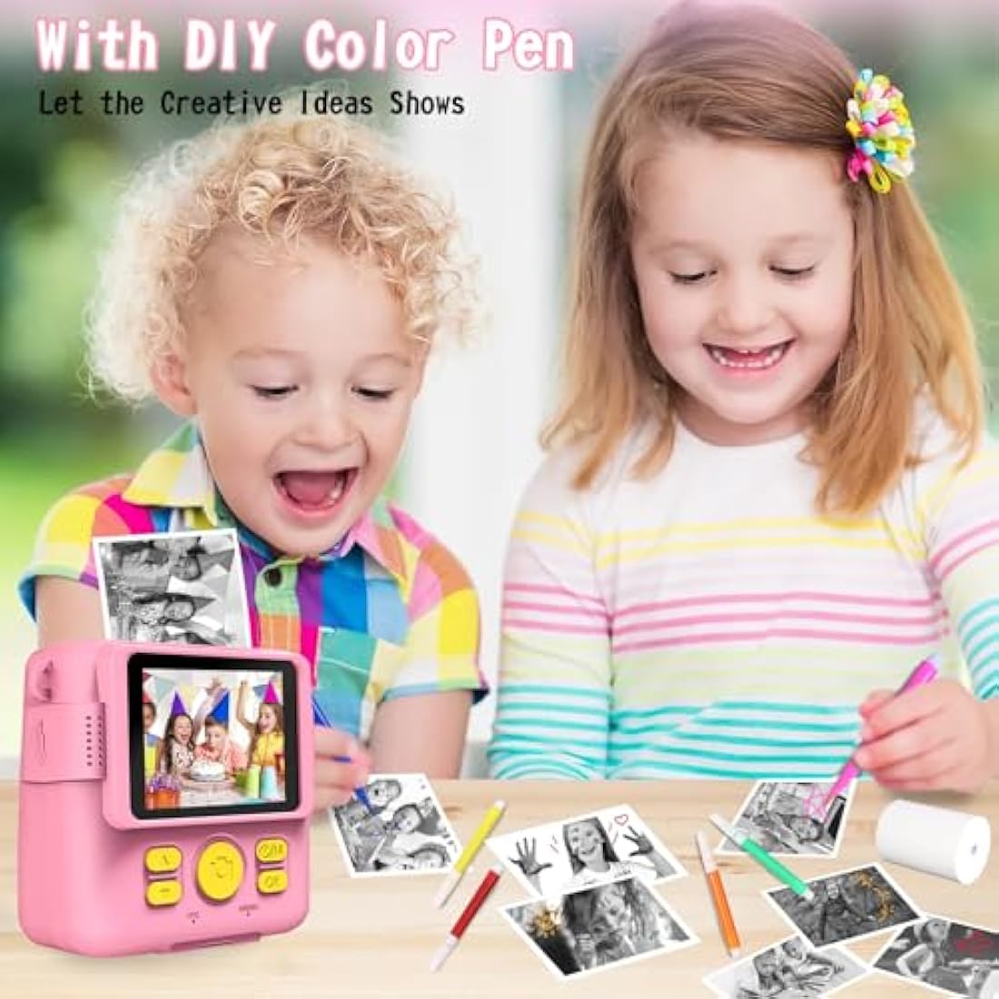 Kids Camera for Girls Boys, Kids Instant Print Camera Toy, 2.4" Screen, 1080P HD Kids Digital Camera with 3 Rolls Photo Paper, Birthday Gifts for 3 4 5 6 7 8 9 10+ Year Old, 6 Color Pen, 32GB SD Card