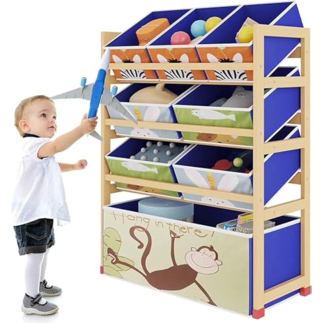 Dripex Kids Toy Storage Units, 4 Tier Children's Toy Organiser Shelf with 8 Removable Fabric Bins Boxes, Wooden Organiser Rack for Nursery Playroom 64 x 28 x 81cm
