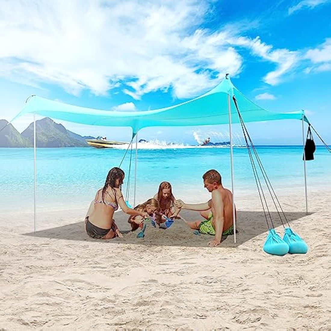Beach Tent For UV Protection UPF50+, Portable Beach Awning Family Sun Protection With 4 Poles 3mx3m, Sun Tent for Beach Camping Garden Terrace Balcony
