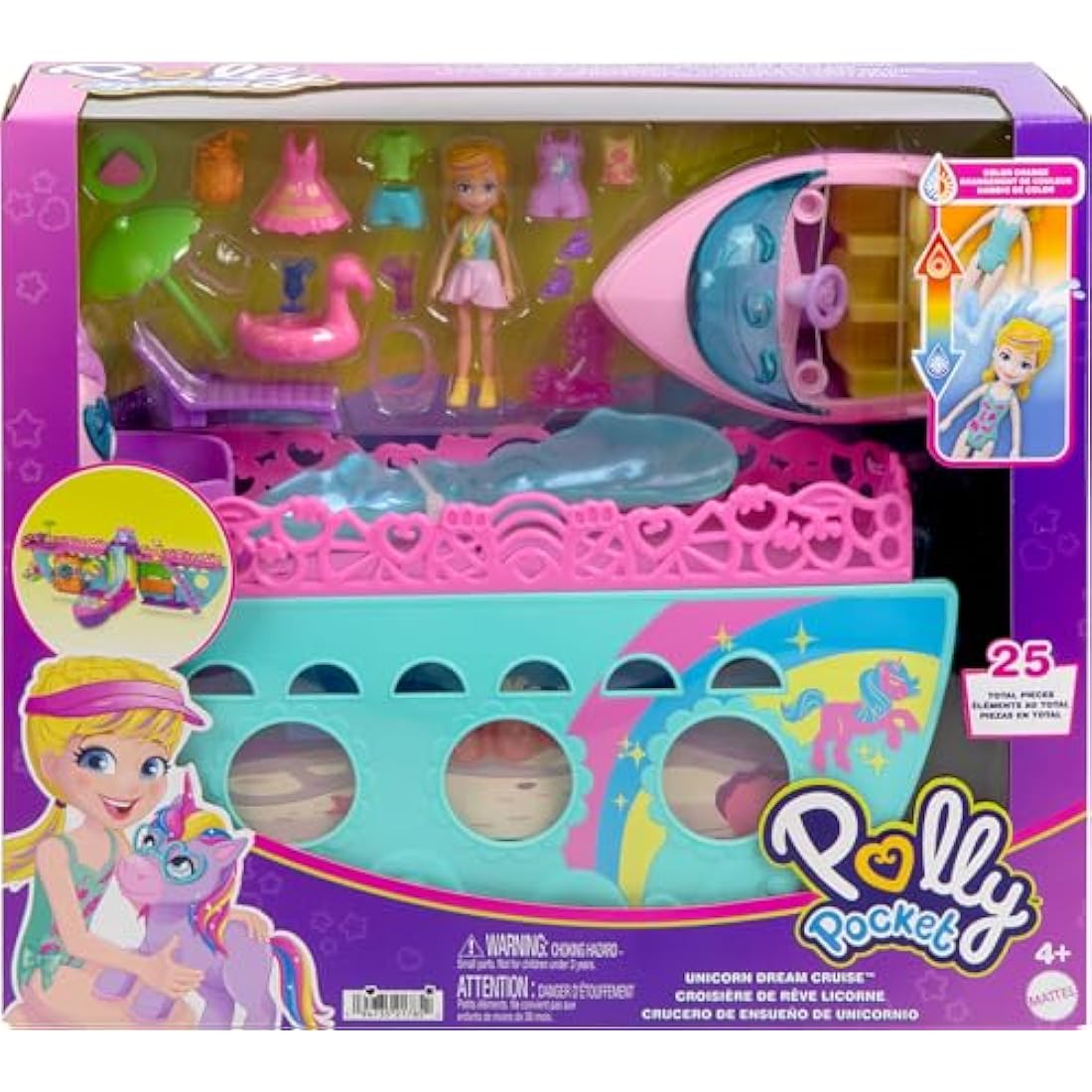 Polly Pocket Portable Boat Playset with Water Play & Color-Change Accessories, Unicorn Dream Cruise Includes 1 Doll & 23 Total Pieces