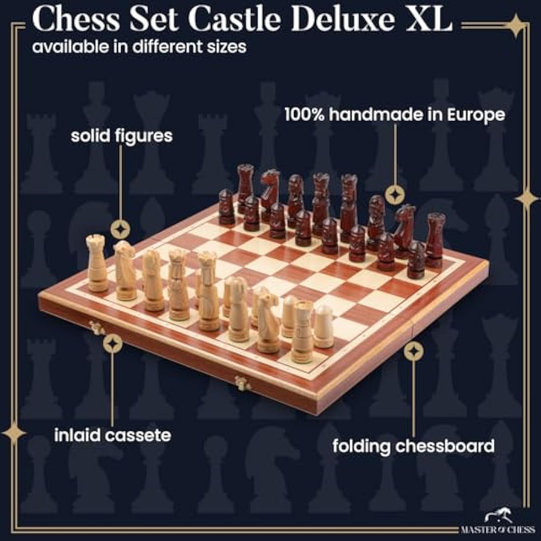 Master of Chess Wooden Chess Set with Pieces "CASTLE DELUXE XL" 56 cm / 22 in - Handmade Inlaid Large Foldable Chess Board Game for Adults and Kids