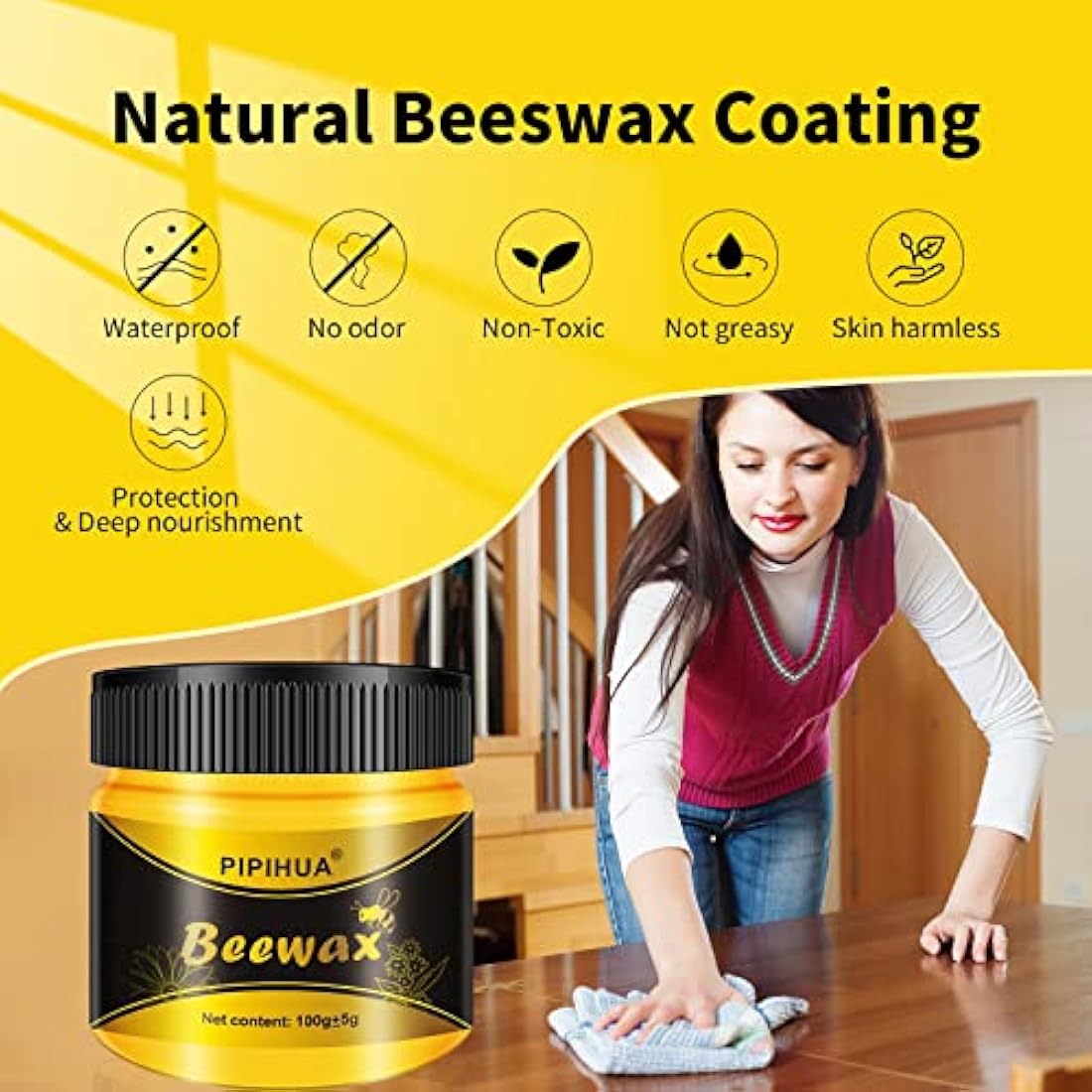 PIPIHUA Beeswax Polish for Wood, Multi-purpose Furniture Polish for Waterproofing & Protection, Natural Beeswax Traditional Wood Wax for All Types and Colours, 4×100g with 8 Sponges