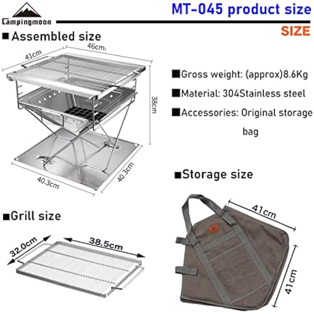 Campingmoon BBQ Grill Fire Pit Foldable Stainless Steel - Large MT-045