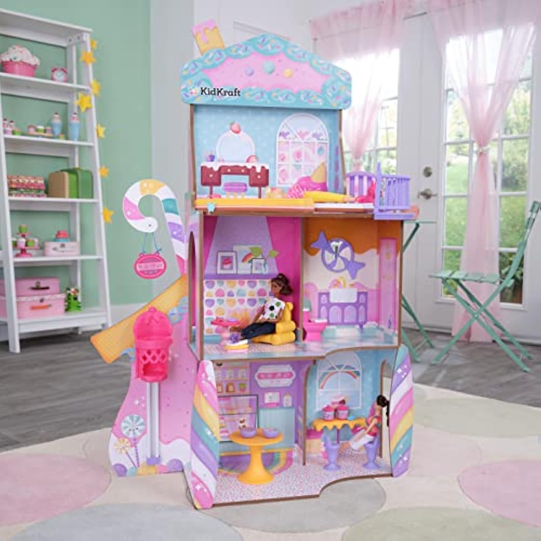 KidKraft Candy Castle Wooden Dolls House with Furniture and Accessories, Play Set with Llama Unicorn Figurine, Ice cream Cone Lift and Gummy Bear Chair for Dolls, Kids' Toys, 20242