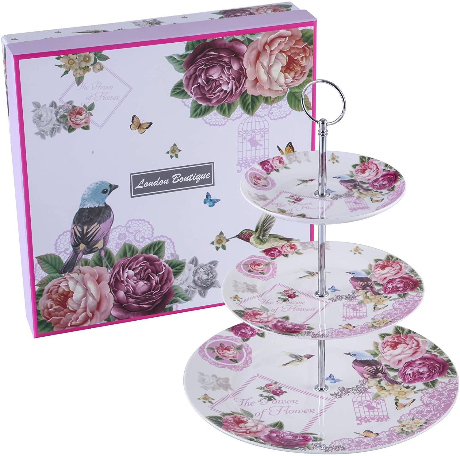 Christmas New Year Family Party Set Special 3 Tier Cake Stand Teapot Milk Jug 4 Cups 4 Saucers (Bird Rose)