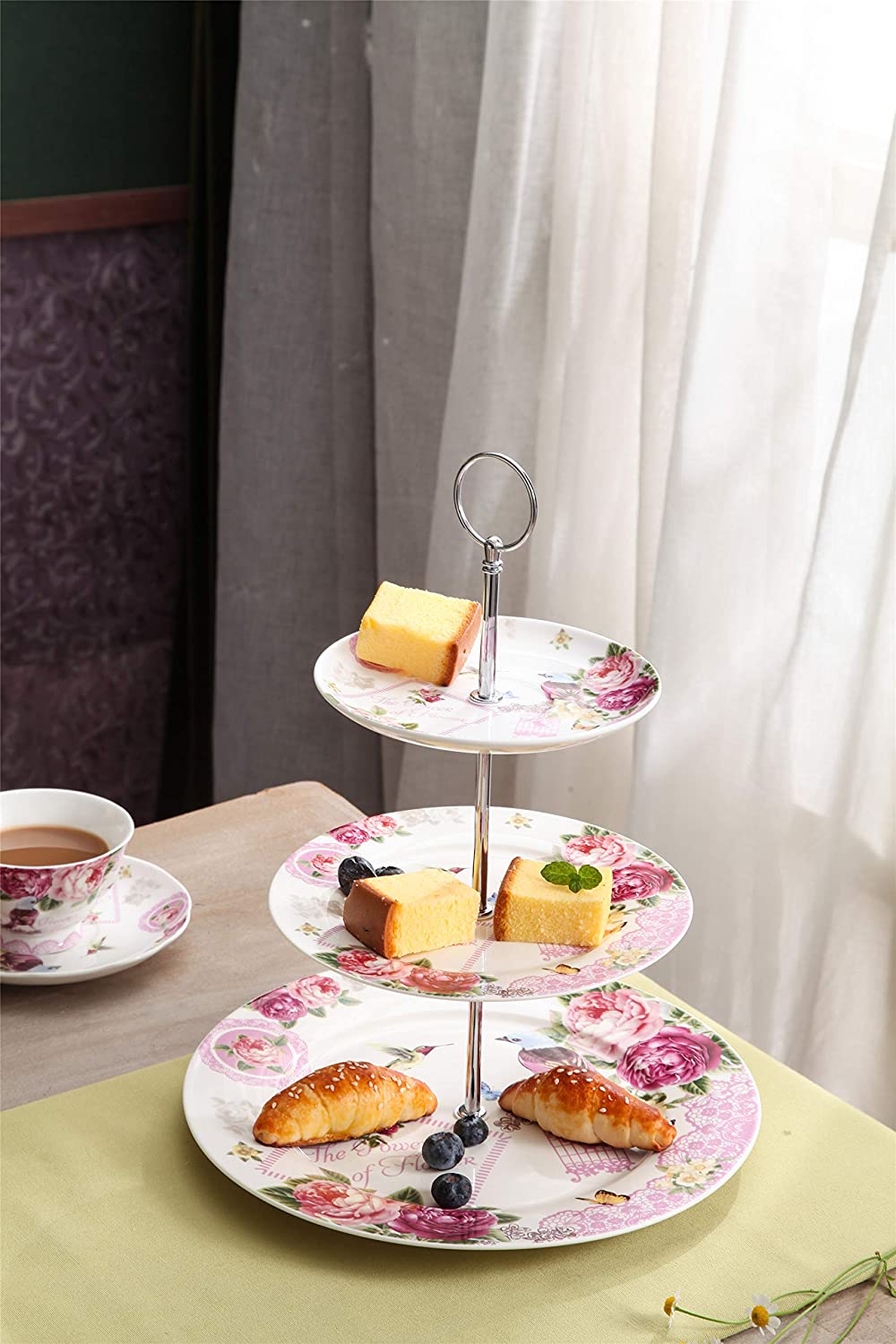 Christmas New Year Family Party Set Special 3 Tier Cake Stand Teapot Milk Jug 4 Cups 4 Saucers (Bird Rose)