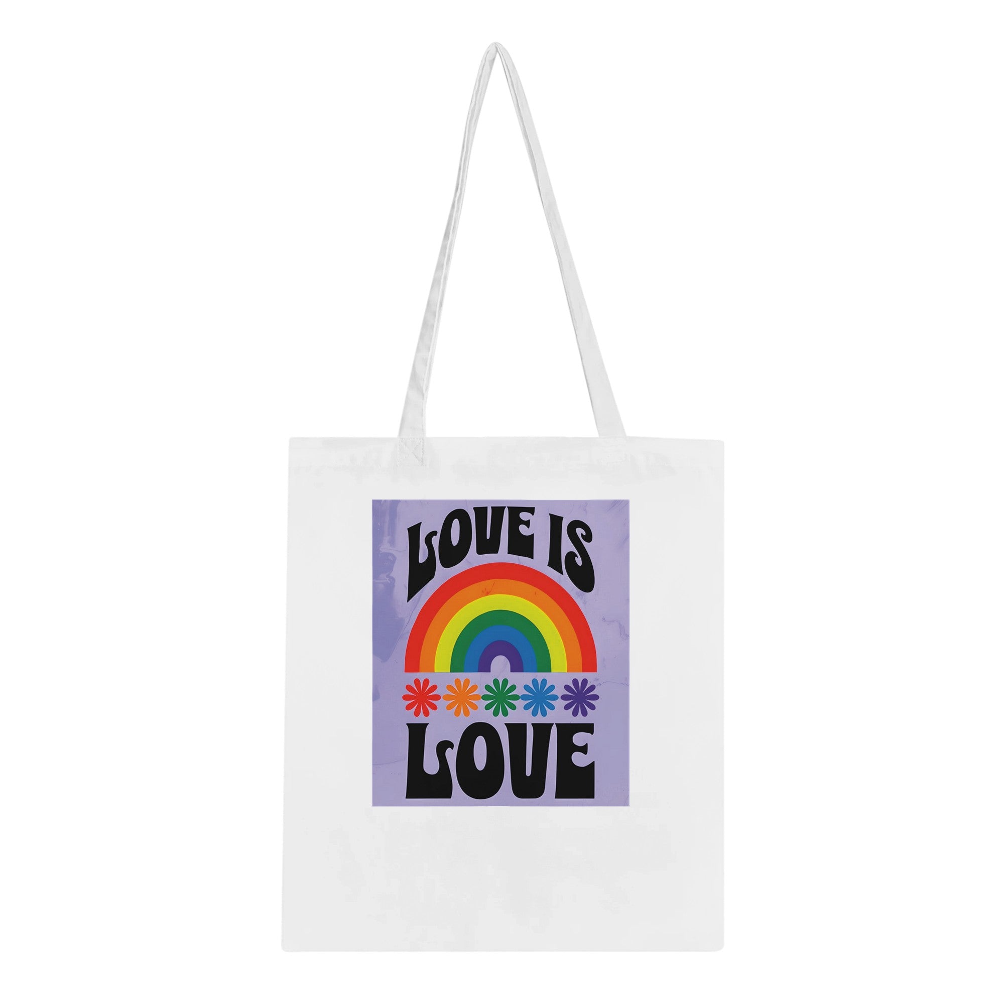 Love Is Love Tote Bag – LGBTQ+ Pride Rainbow Shopper Bag - Eco-Friendly Reusable Cotton Tote with Retro 70s Style Design