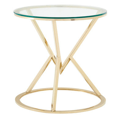 Champagne Gold Stainless Steel Base Round End Table with Tempered Glass Top, Allure