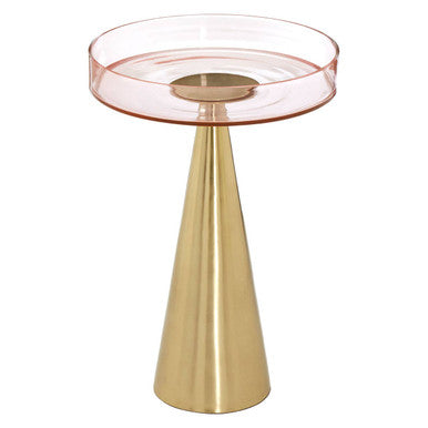 Clear Large Side Table with Pink Tinted Glass Top and Conical Metal Base, Martini