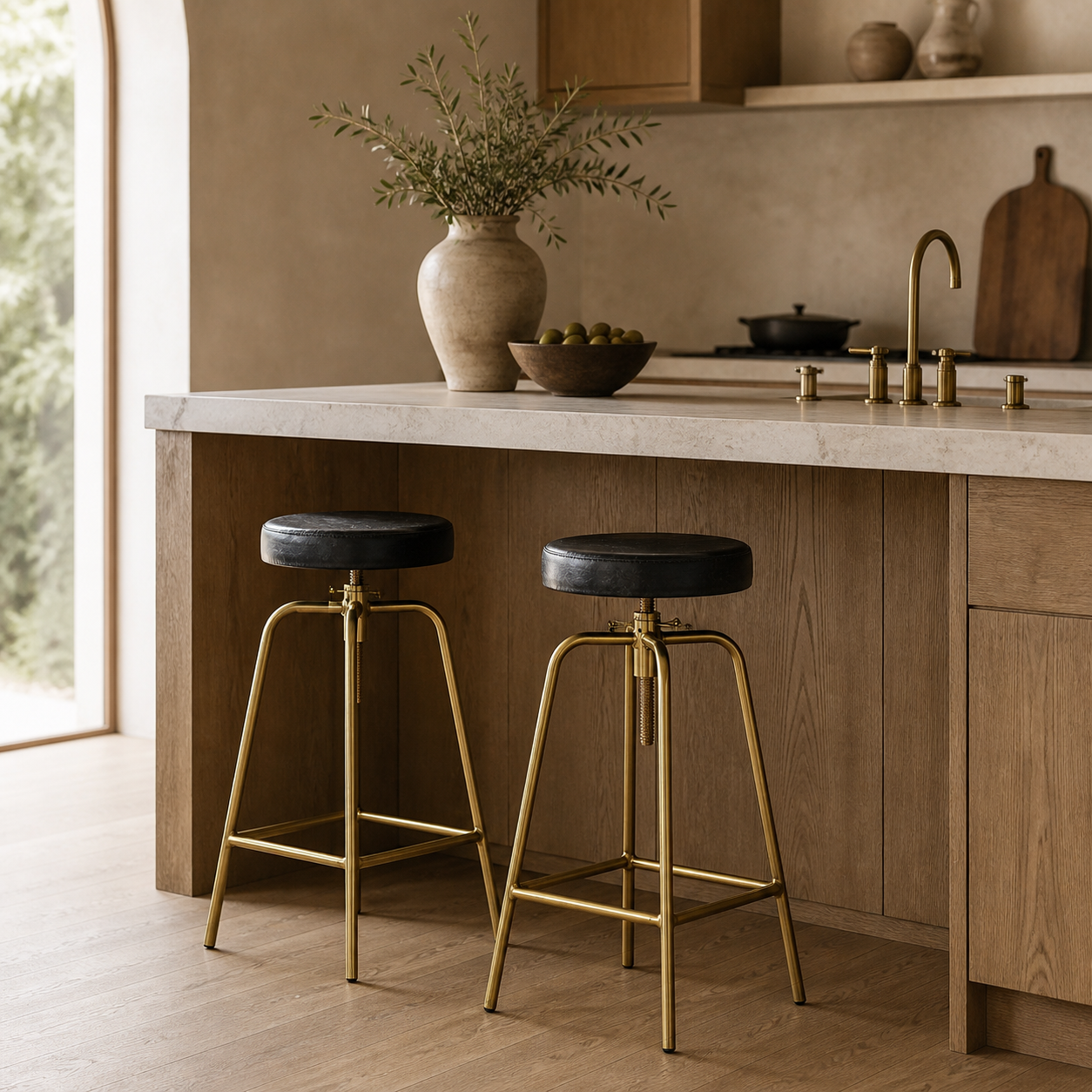 Brass Bar Adjustable Stool Black Leather Top Seat | Vintage Industrial Style