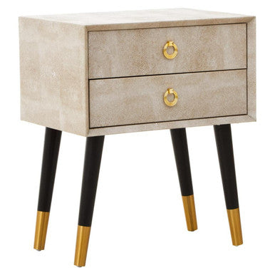 Natural Faux Shagreen Effect 2-Drawer Bedside Table with Gold Accents and Black Angular Legs, Cadio