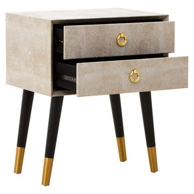 Natural Faux Shagreen Effect 2-Drawer Bedside Table with Gold Accents and Black Angular Legs, Cadio
