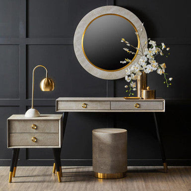 Natural Faux Shagreen Effect 2-Drawer Bedside Table with Gold Accents and Black Angular Legs, Cadio