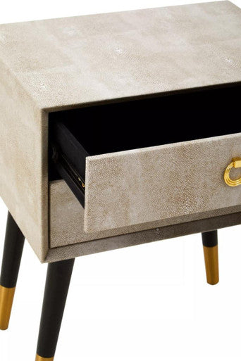 Natural Faux Shagreen Effect 2-Drawer Bedside Table with Gold Accents and Black Angular Legs, Cadio