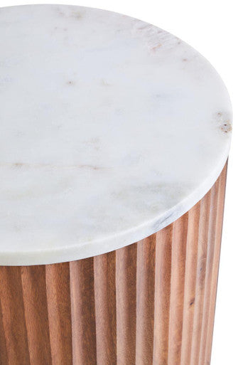 Brown Mango Wood Carved Side Table with White Marble Top, Torcino