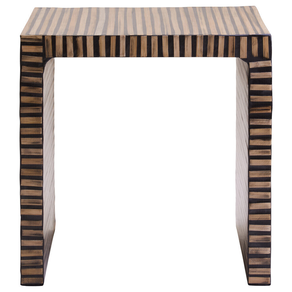 Natural Bamboo Inlay Square Side Table with Linear Pattern and Open Base, Bambusa