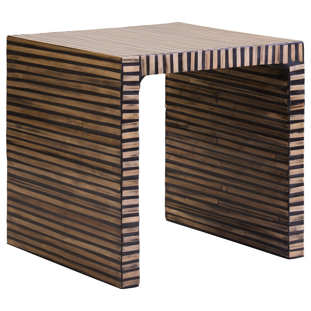 Natural Bamboo Inlay Square Side Table with Linear Pattern and Open Base, Bambusa
