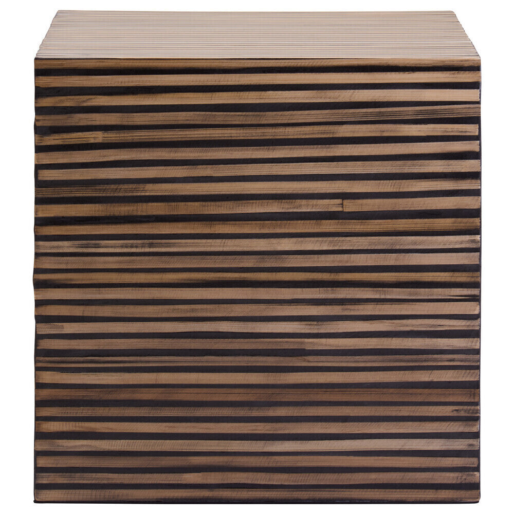 Natural Bamboo Inlay Square Side Table with Linear Pattern and Open Base, Bambusa