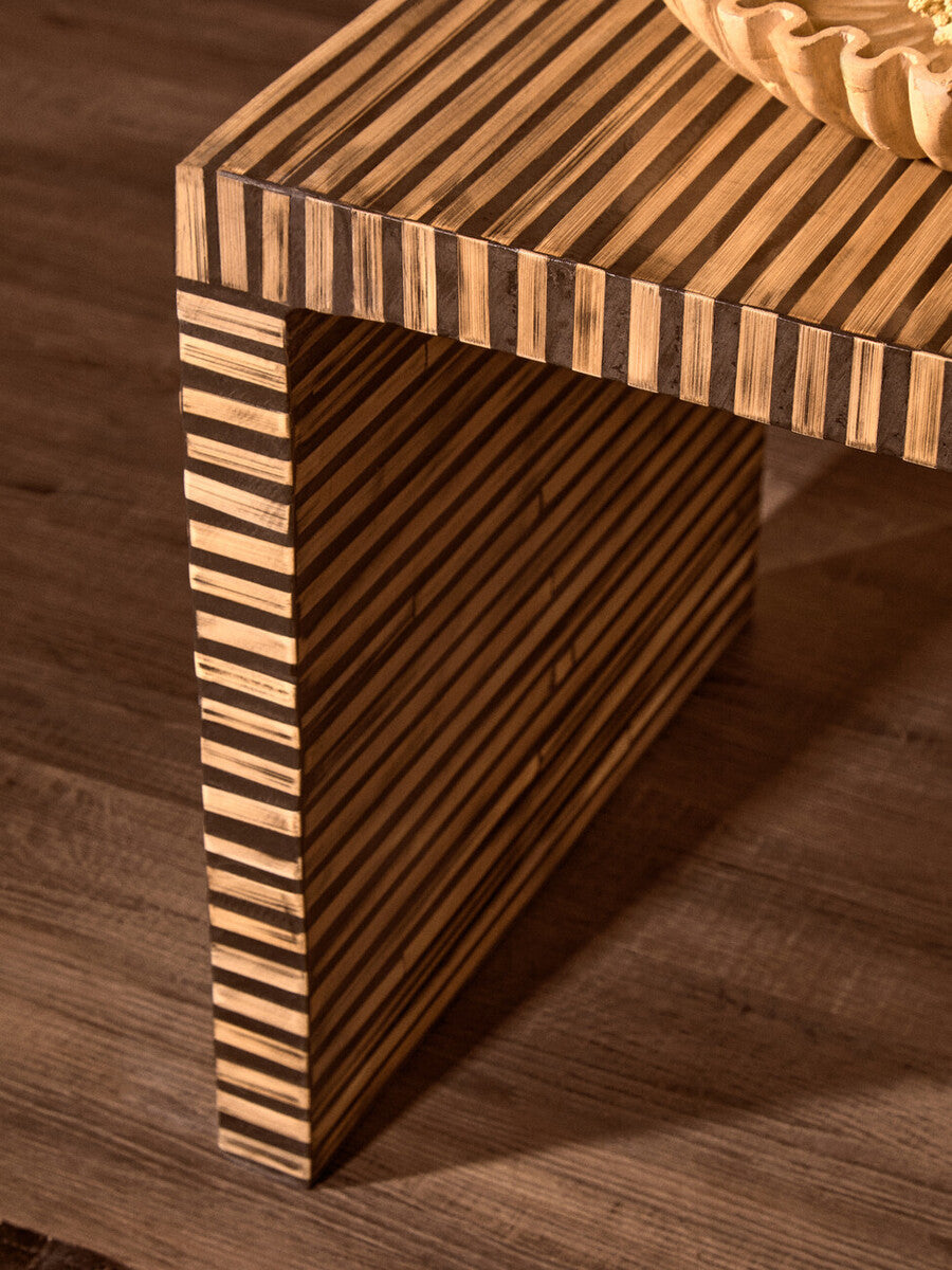 Natural Bamboo Inlay Square Side Table with Linear Pattern and Open Base, Bambusa