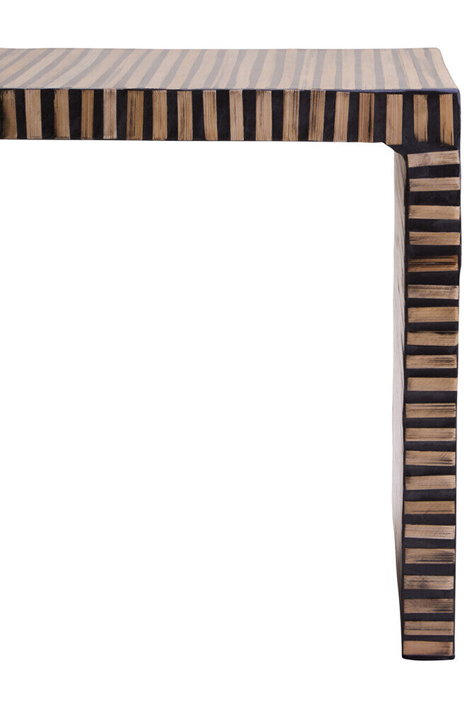 Natural Bamboo Inlay Square Side Table with Linear Pattern and Open Base, Bambusa