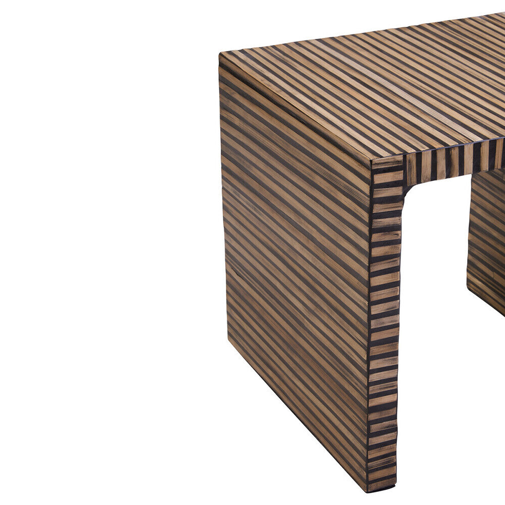 Natural Bamboo Inlay Square Side Table with Linear Pattern and Open Base, Bambusa