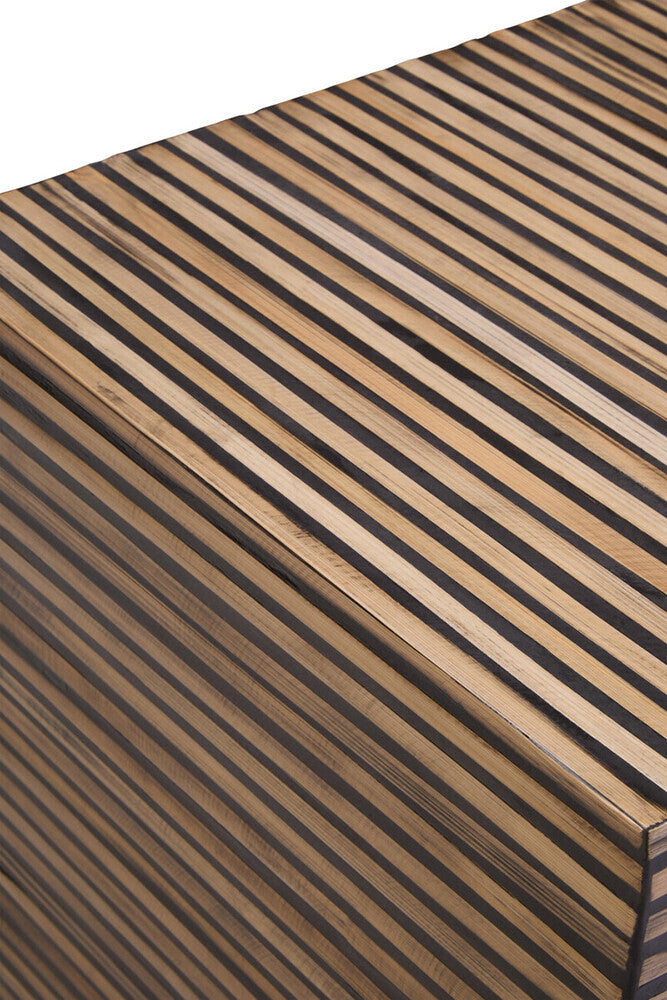 Natural Bamboo Inlay Square Side Table with Linear Pattern and Open Base, Bambusa