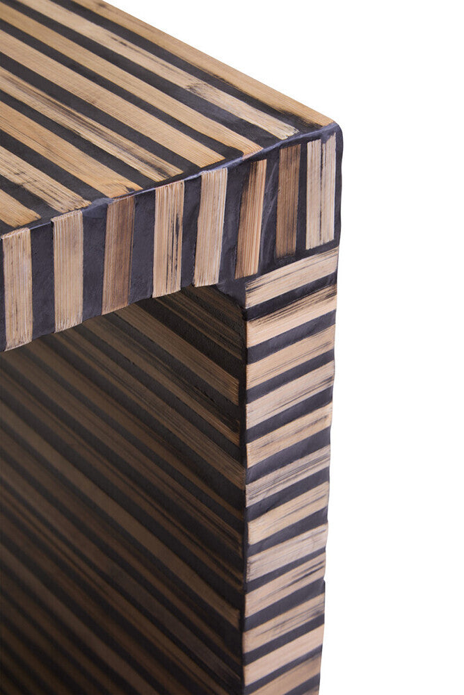 Natural Bamboo Inlay Square Side Table with Linear Pattern and Open Base, Bambusa