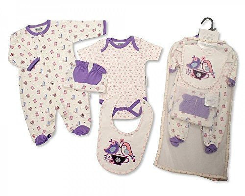 Brand New Baby Girl Jersey Cotton 5 Piece Clothing Gift Set Sleepsuit, Vest, Bib, Hat & mitts Pink Birds 3 Sizes (Newborn)
