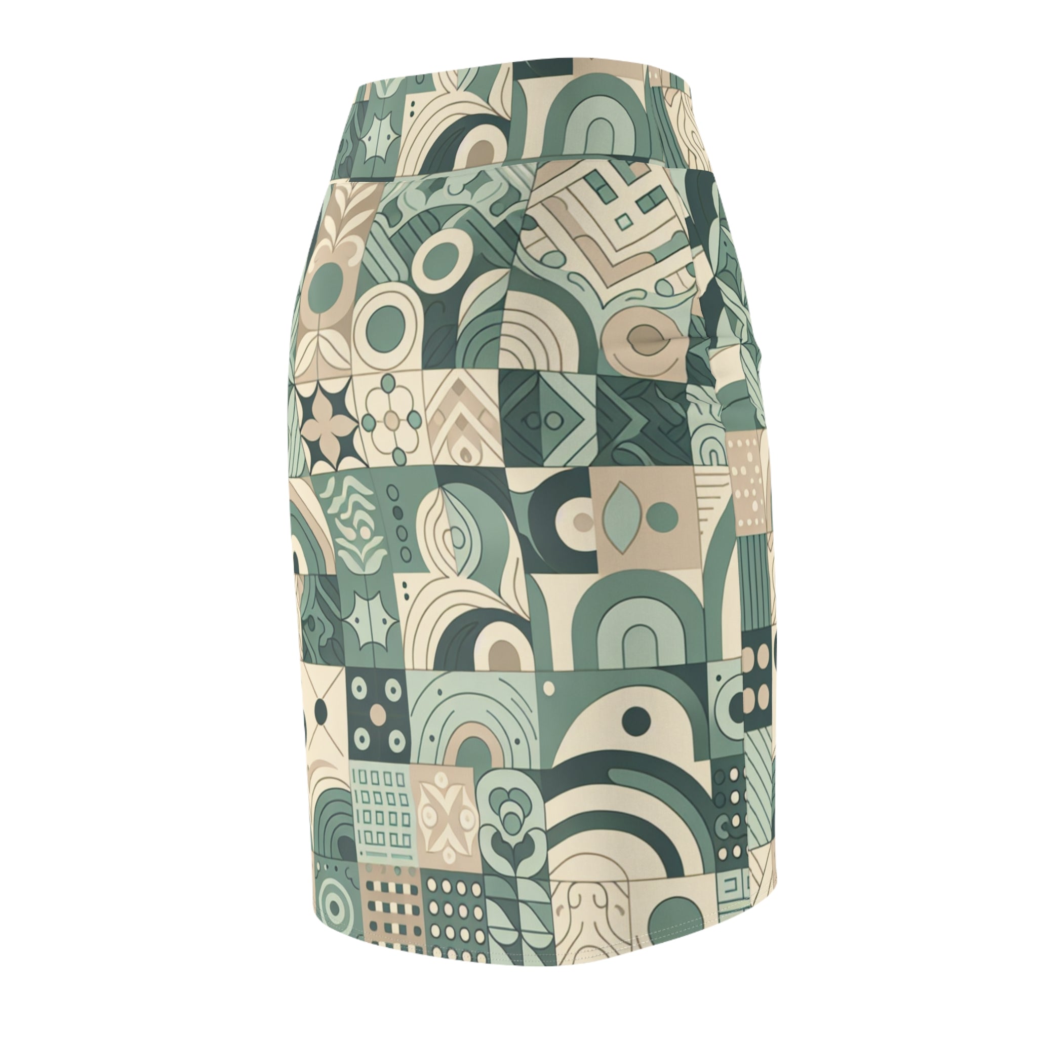 Chic Pastel Green Pencil Skirt with Block Print Design - Elegant Curve-Hugging Fit