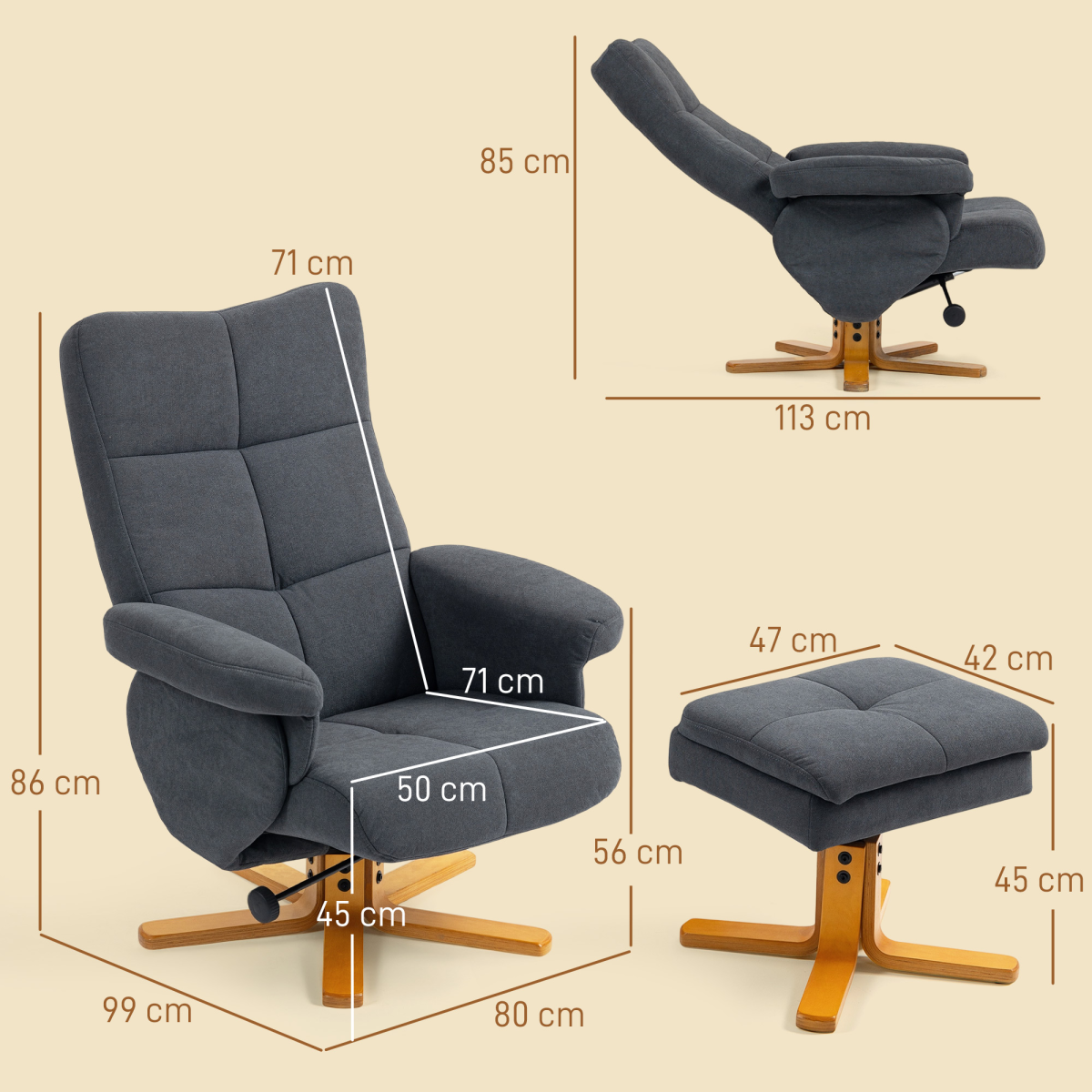 HOMCOM Linen Recliner Chair and Footstool Wooden Base Grey