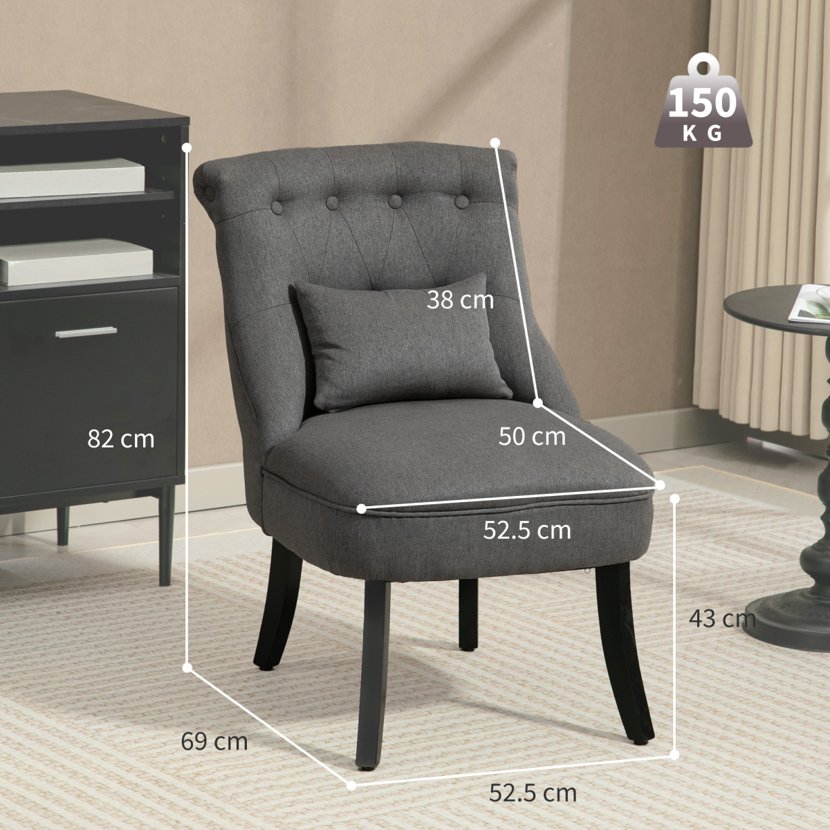 HOMCOM Fabric Single Sofa Upholstered with Pillow Wood Leg Charcoal Grey