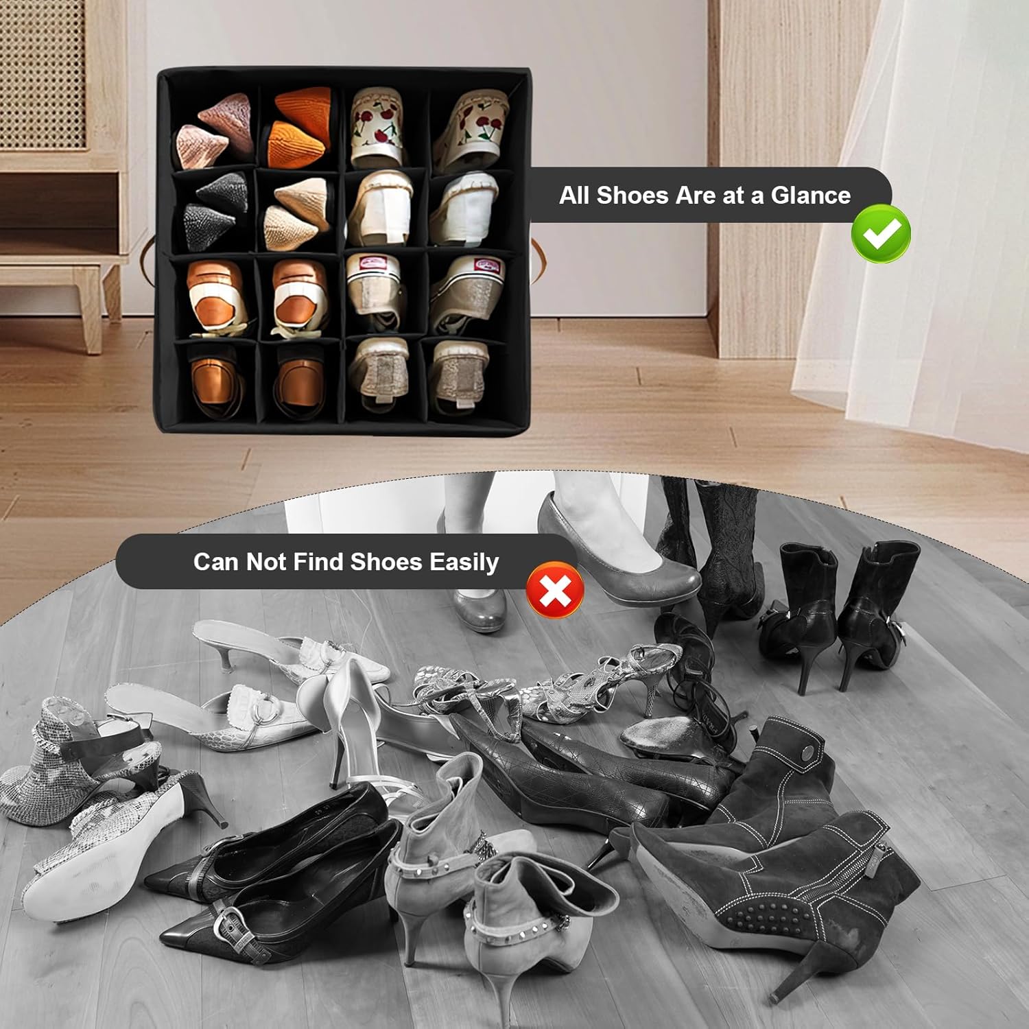 Shoe Organizer 16 Grid Adjustable with Clear Dust Cover Foldable Storage Hiyorsoa