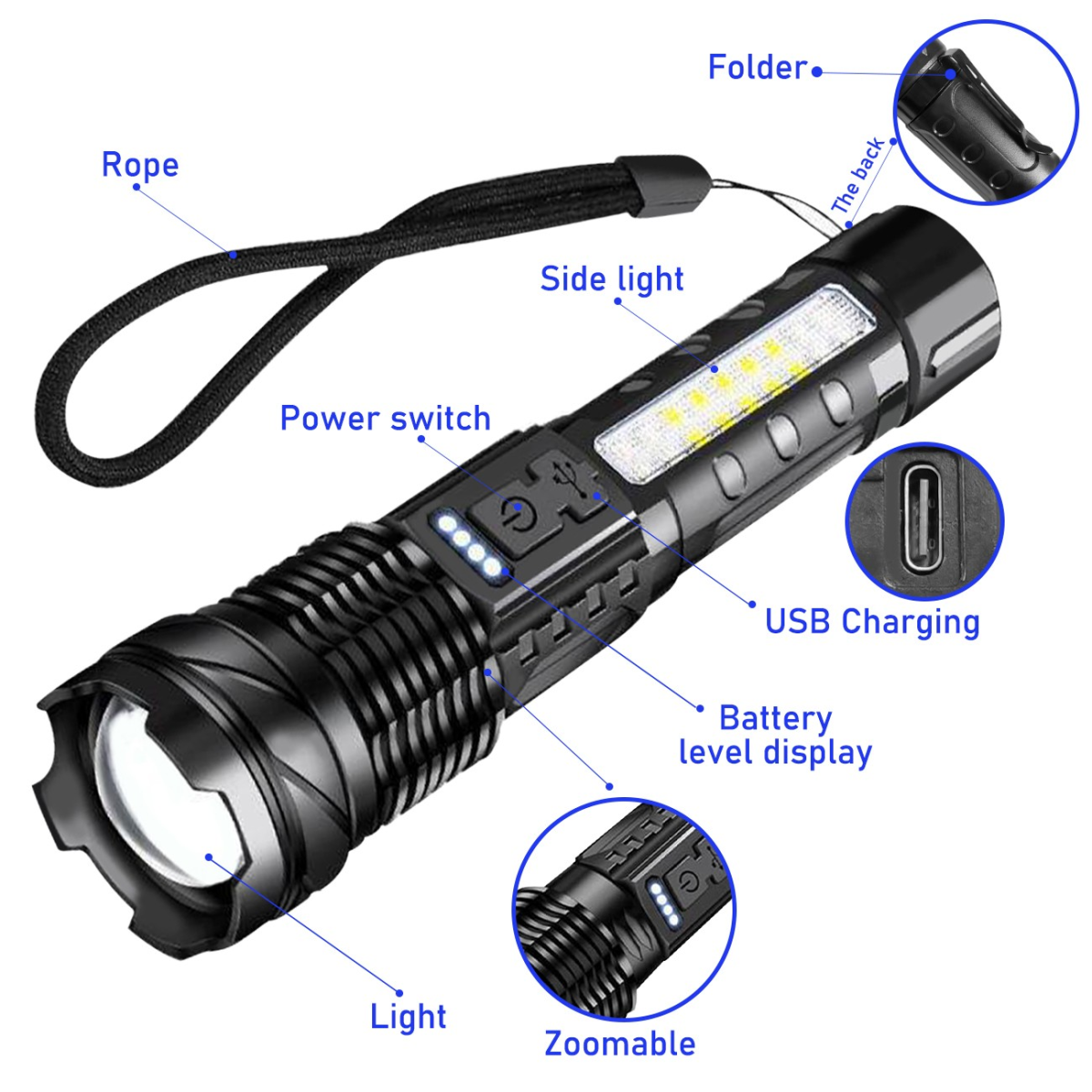2 Pack USB Rechargeable LED Flashlight Adjustable Focus Camping Hiking Outdoor Flashlight Work light