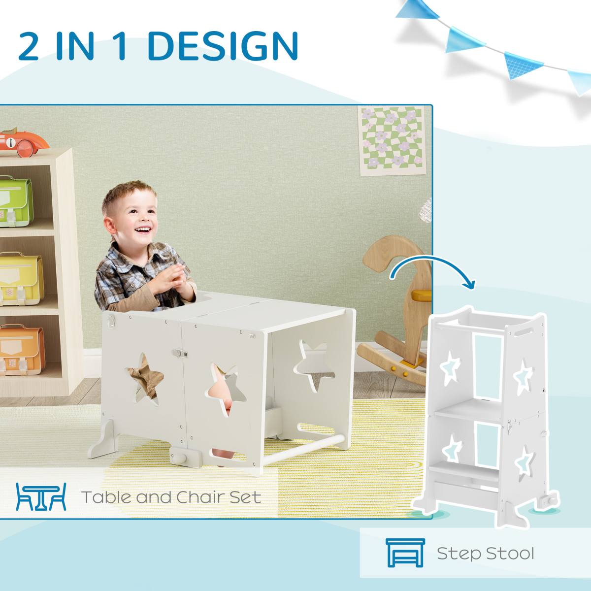 AIYAPLAY 2 in 1 Toddler Step Stool with Safety Rail for Kitchen, White