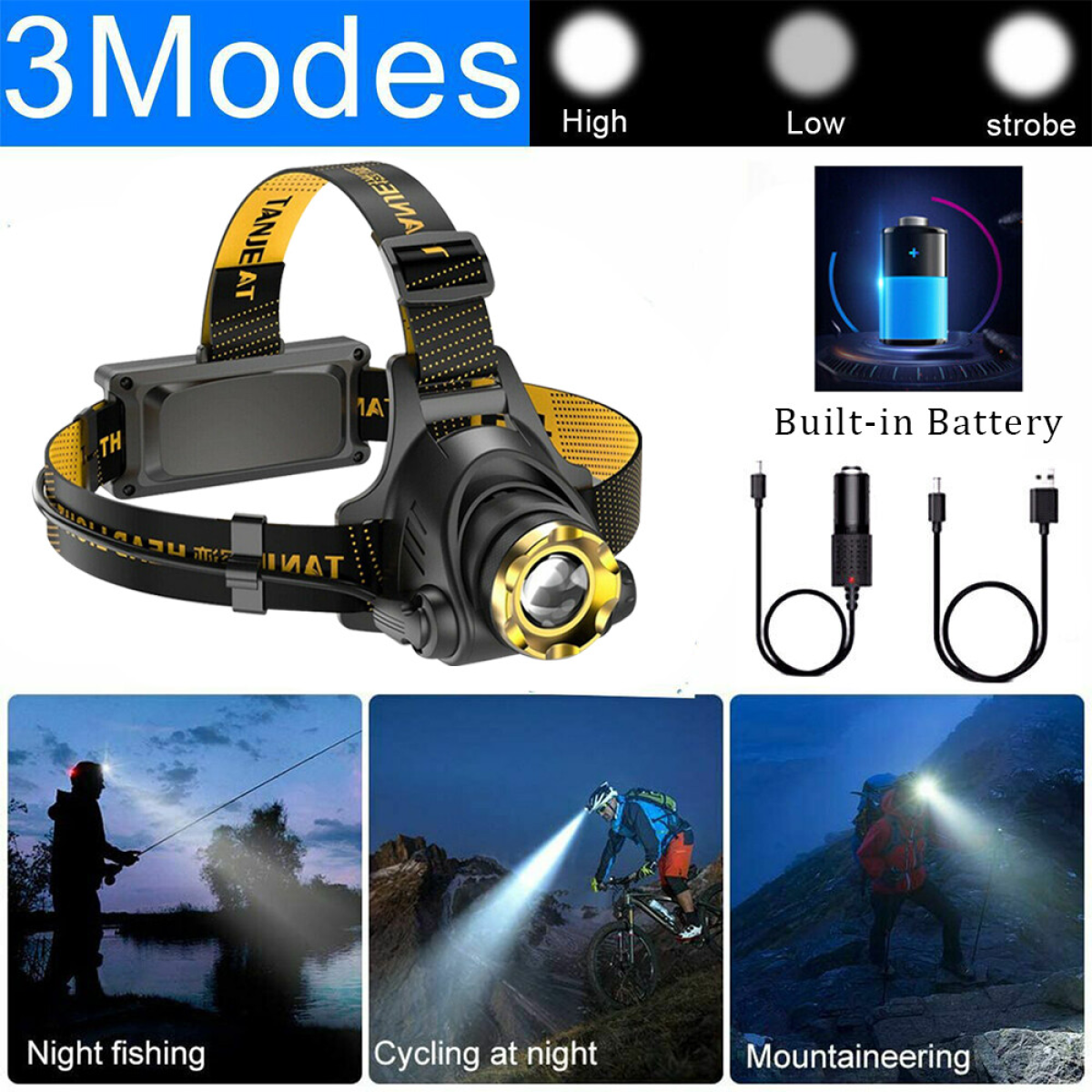 2 Pack USB Rechargeable LED Headlamp 3 Modes Head Torch Zoomable Headlight+Car Charger+USB Cable