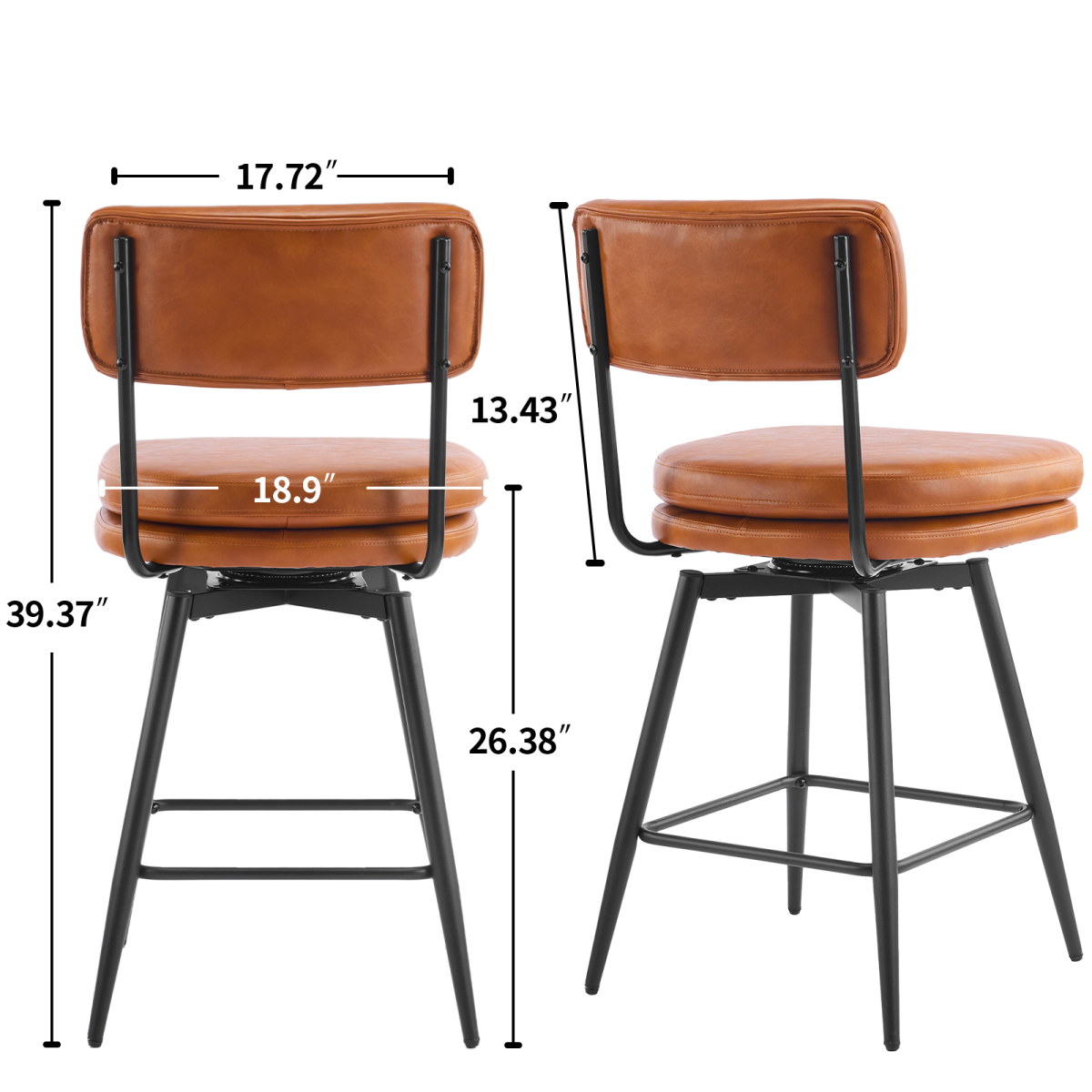 2 Pcs Brown PU Swivel Bar Stools with Removable Backrest & Double-Layer Seat, Metal Legs