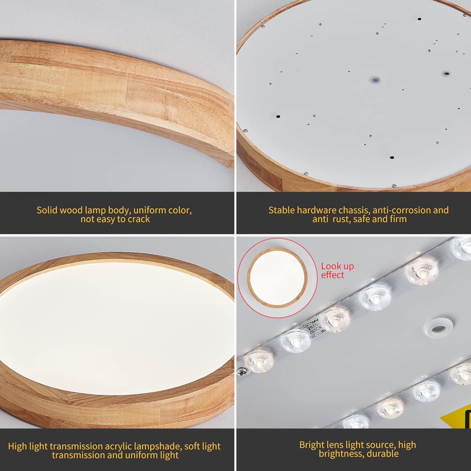 LED Ceiling Light 20W 6000K Round Wood 1600LM Modern Home Light Schindora