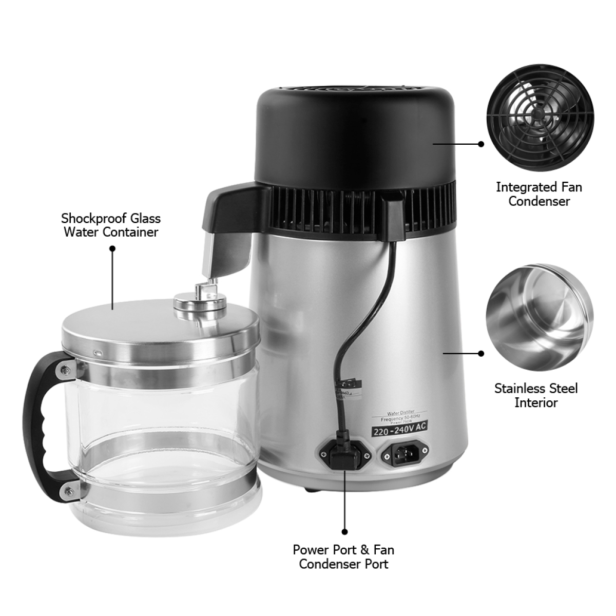 750W Water Distiller Electric Purifier Stainless Steel Glass Water Filters