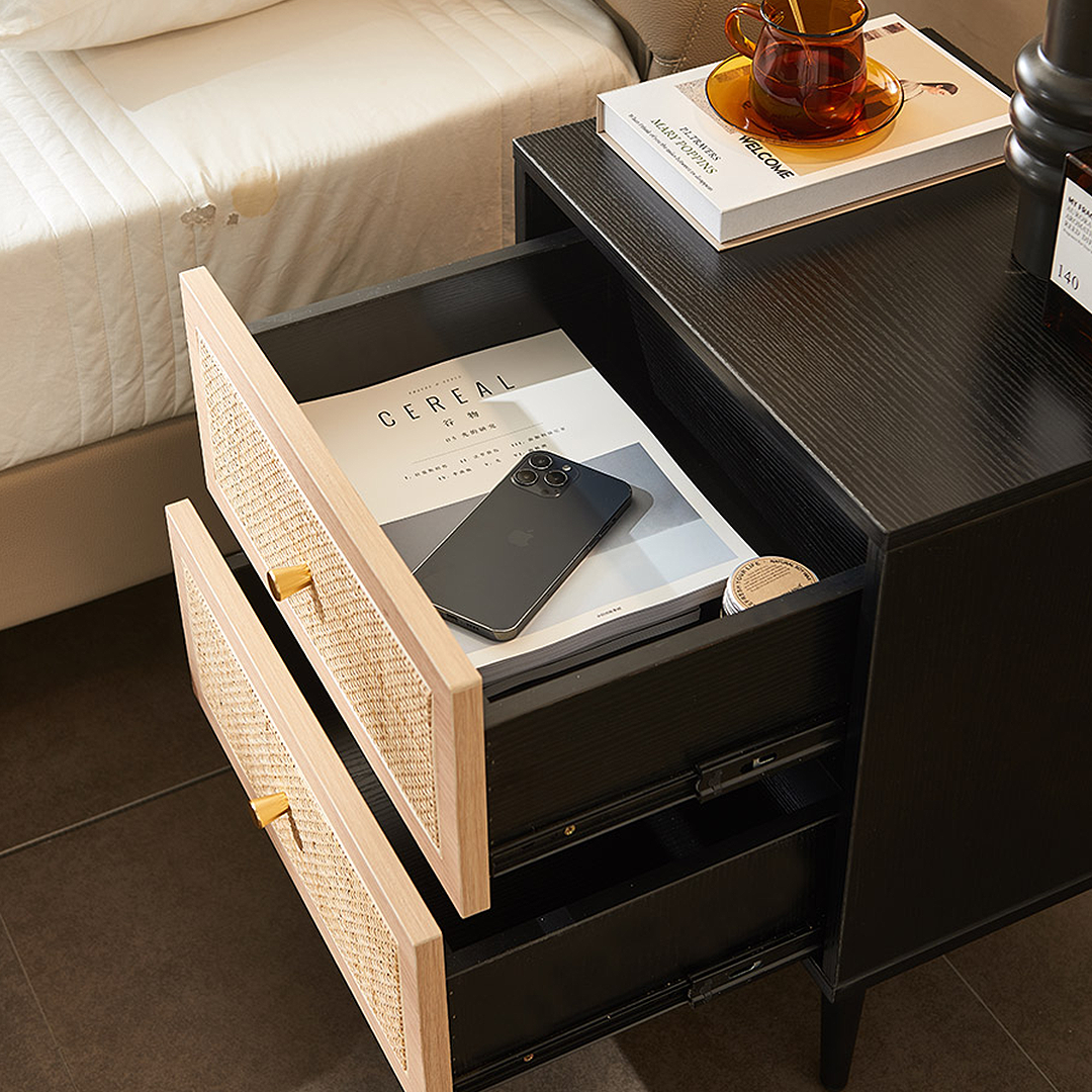 Tsaatan Wood Bedside Table, Rattan, Black
