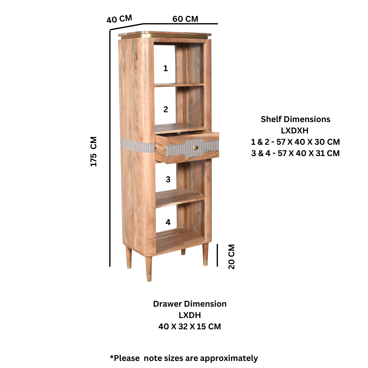 Wilton Acacia Wood Slim Bookcase With 1 Drawers