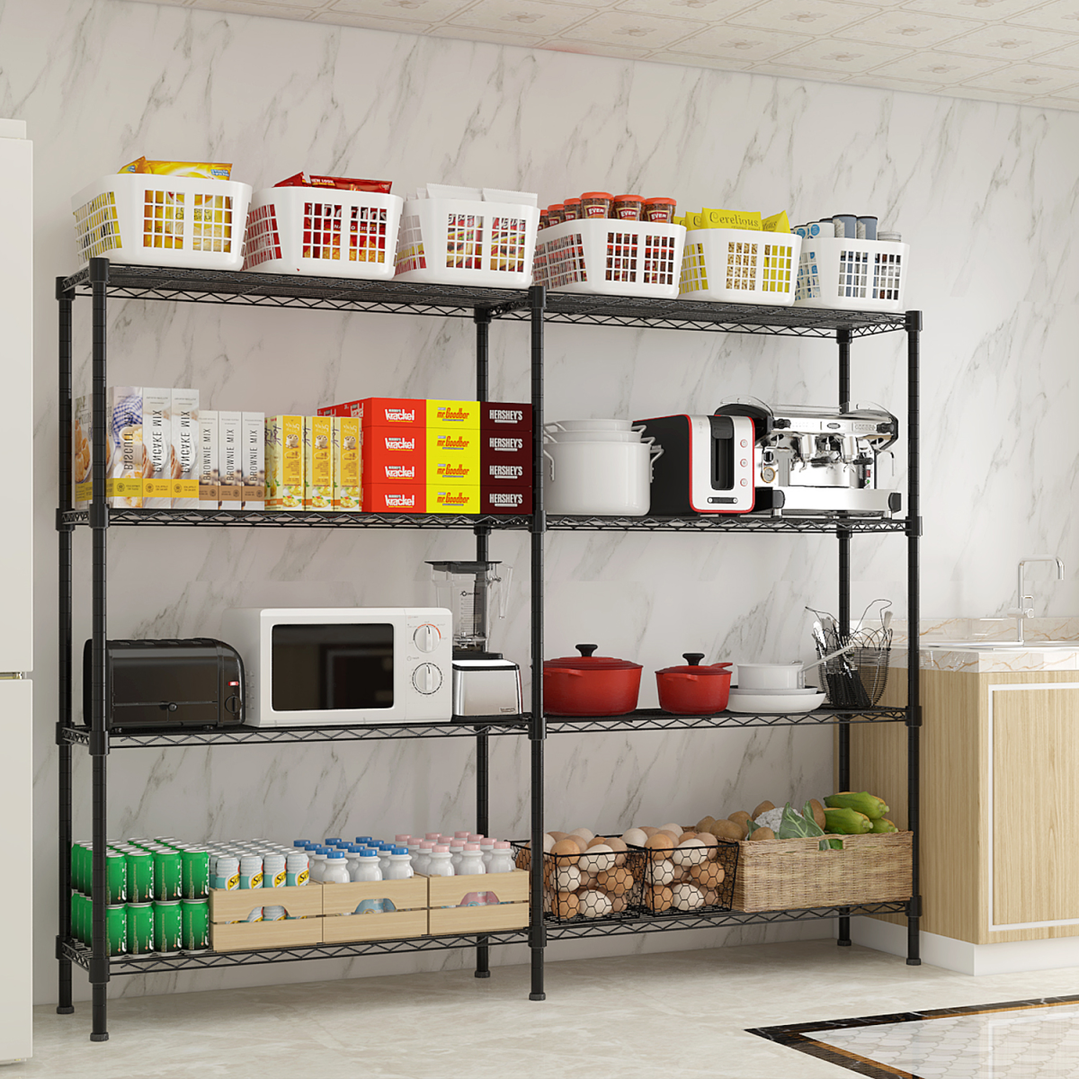 4-layer double row, freely adjustable layer spacing, with adjustable feet, display stand, iron, 147*35*150cm, powder-coated black