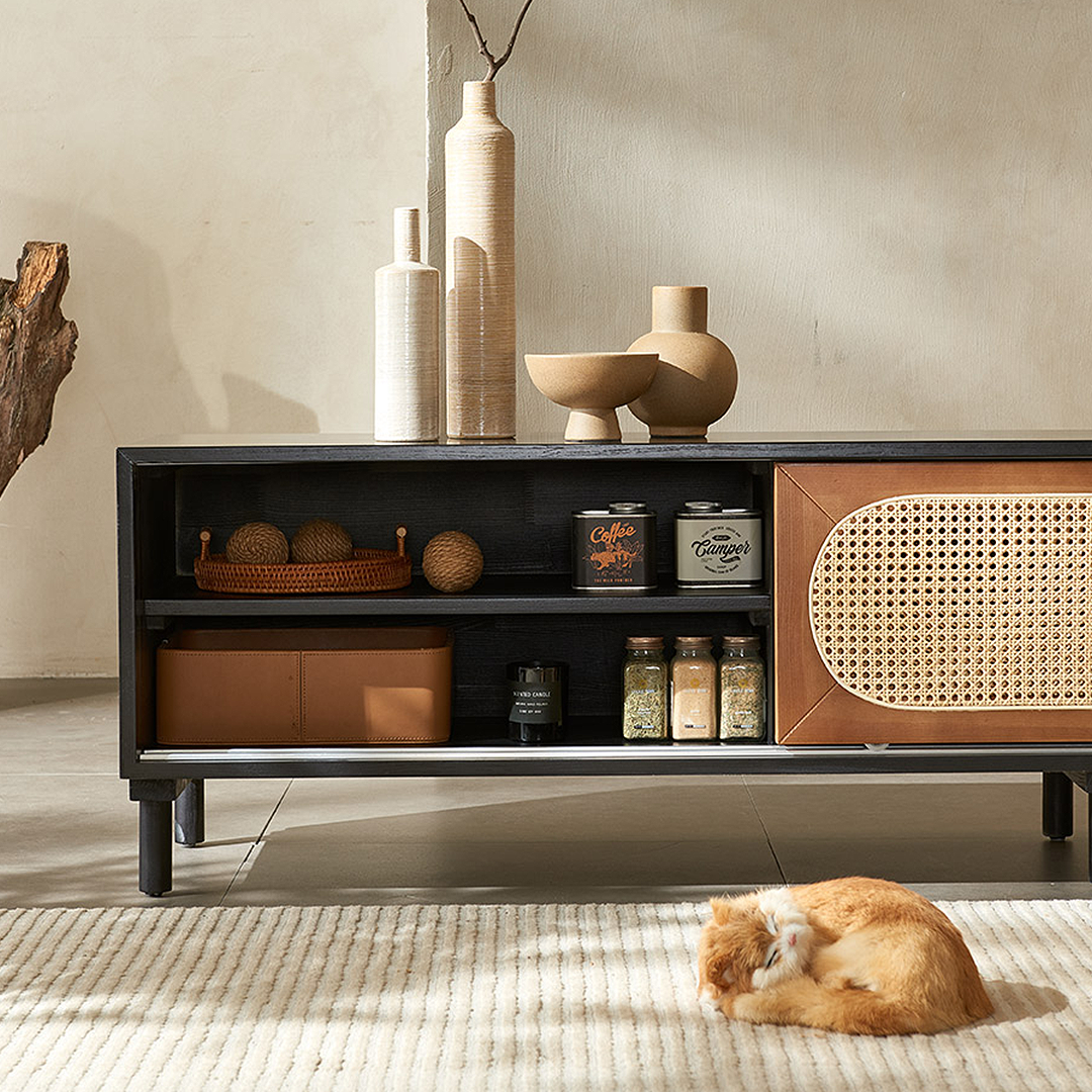 Dogon Rattan TV Stand, Black, Solid Wood