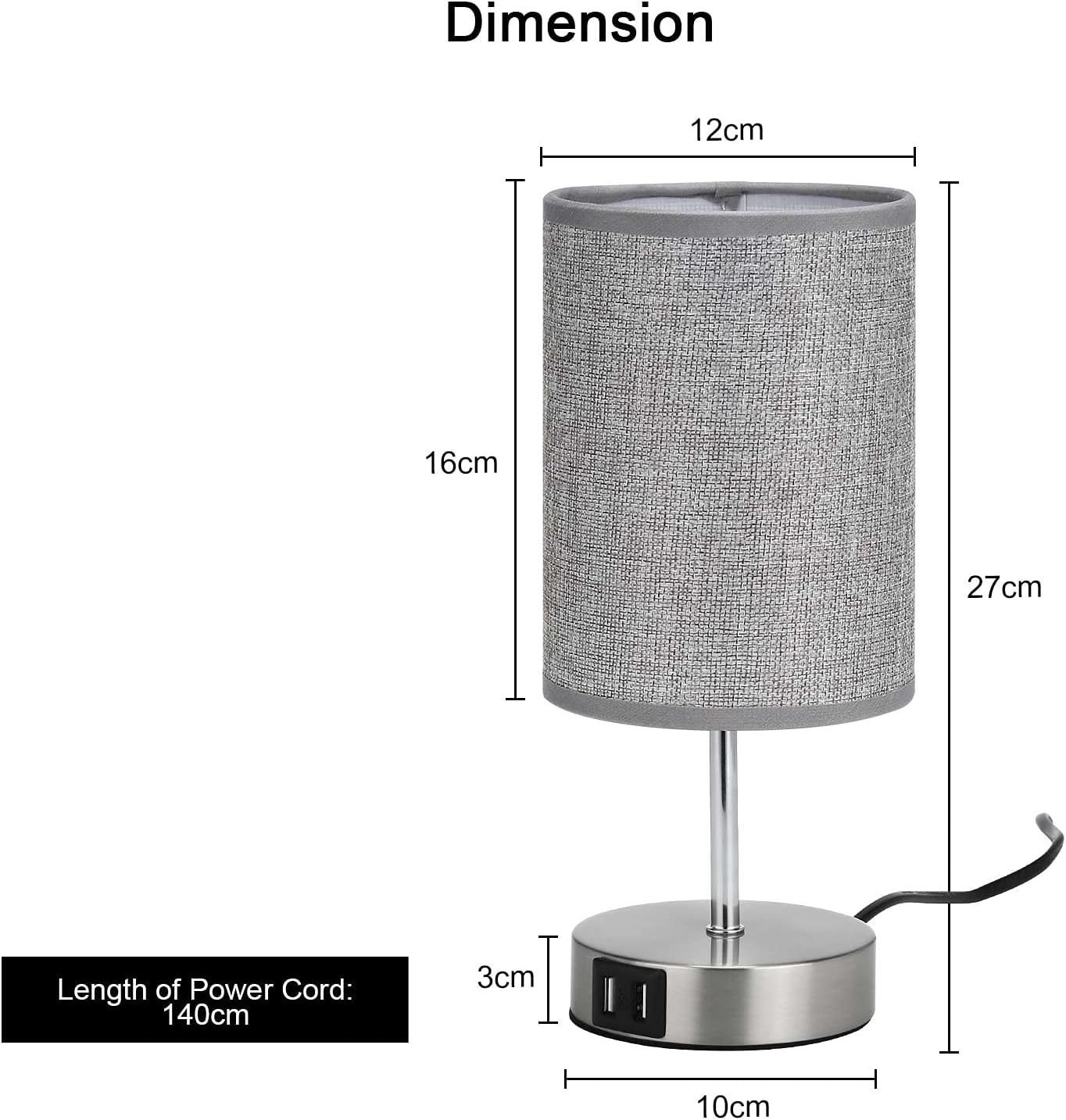 Lightess 2x Touch Bedside Lamps Grey, USB, Dimmable, E14 Bulbs Included – Round