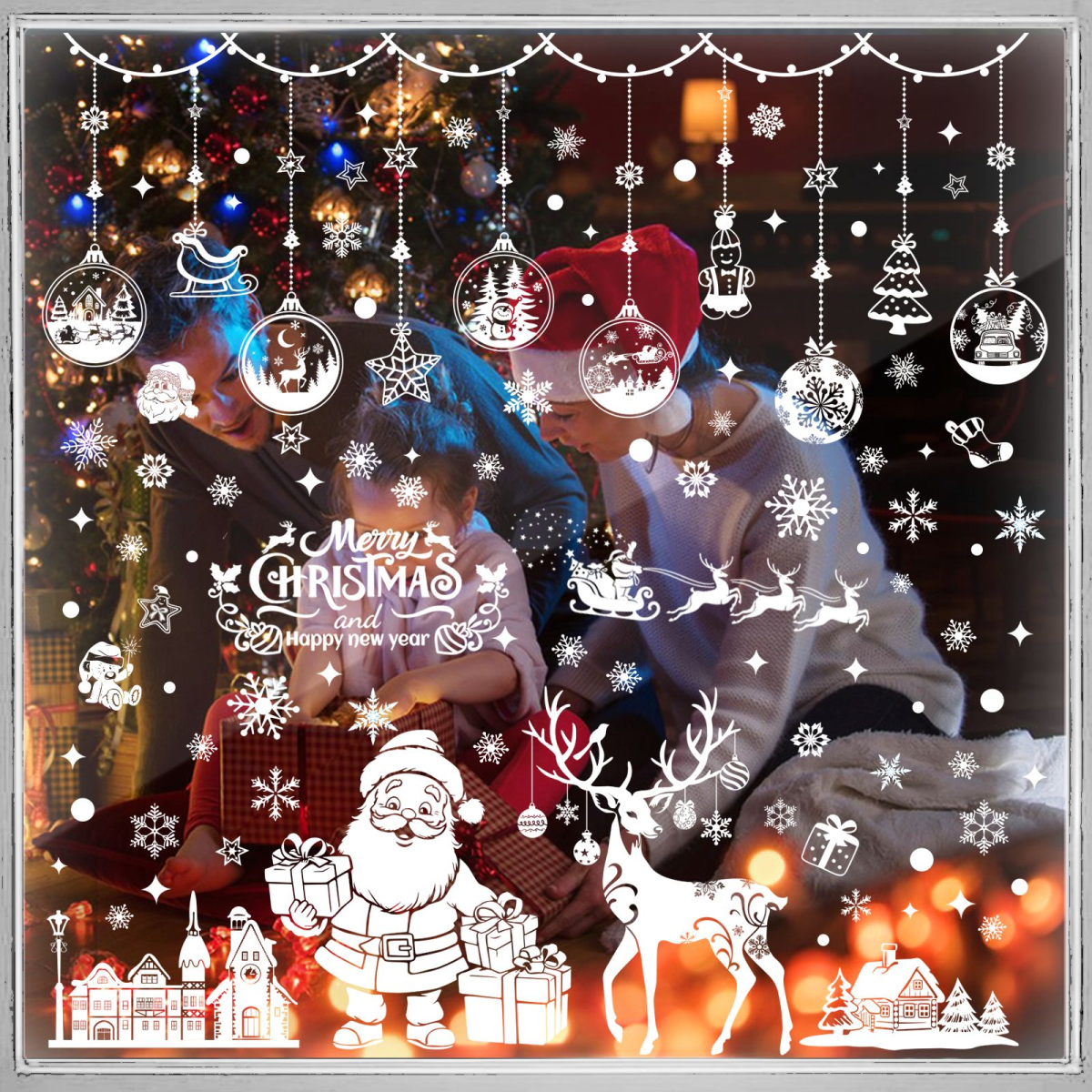 epfaivy Christmas Window Stickers Reusable 202Pcs - Double Sided Xmas Window Stickers Christmas Scene, White Father Christmas Reindeer Stickers, Removable Window Clings for Christmas Decorations